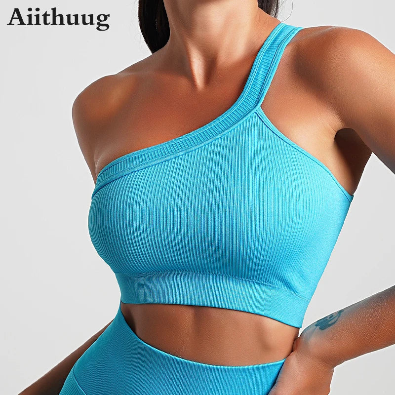 Ribbed Detachable Padded Yoga Crop Tops Women's Seamless Slanted Shoulders Tops Fitness Althetic Pilates Sportwear