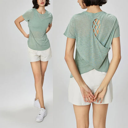 Aiithuug Breathable Mesh Yoga Short Sleeve Crisscross Back Yoga Short Sleeve Blouse Quick Dry Gym Shirt Casual Cutout Back Yoga