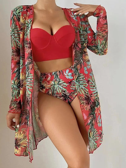 3 Piece Bikini Set Women Cover Up Swimwear Female Tropical Printed Swimsuit Push Up Beachwear Long Sleeve Bathing Suit