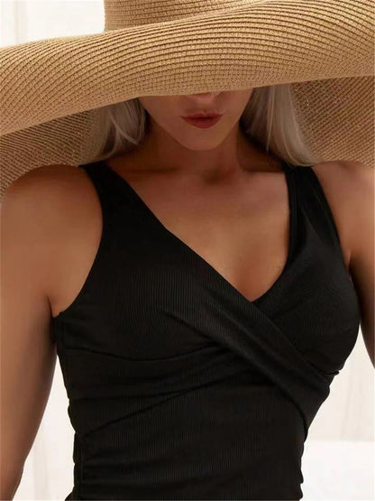 Solid Smocked Swimsuit Women One Piece Strapped Swimwear Female Padded Beachwear Bather Bathing Swimming Suit Beachwear