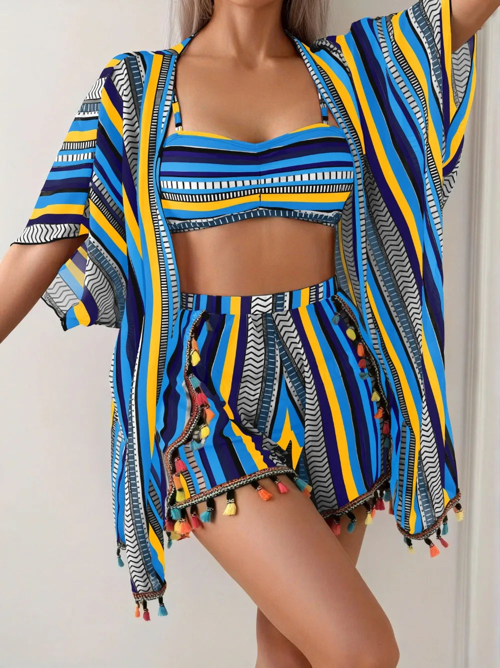 Womens Bikini with cover up sunscreen blouse tassel bikini four-piece swimsuit women's suit
