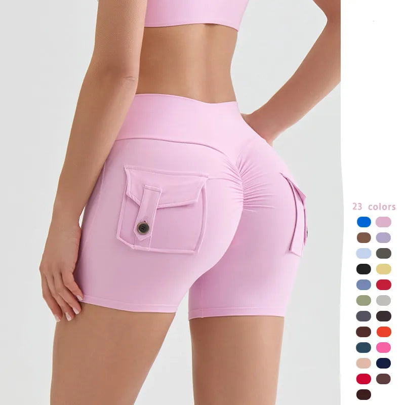 Scrunch Women Button Booty Pocket Sports Yoga Shorts Cycling Jogging Fitness High Waist Squat Proof Gym Active Leggings