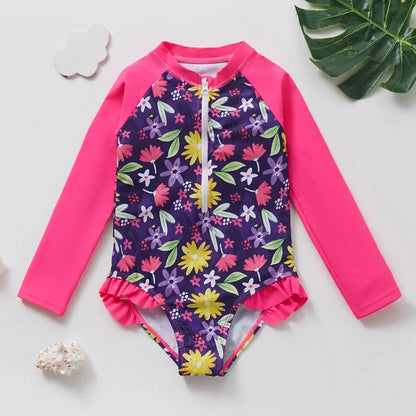 Girls Swimsuit Long Sleeves One Piece Swimwear for Kids Toddler Leopard UPF50+ Rash Guards Infant Bathing Suit