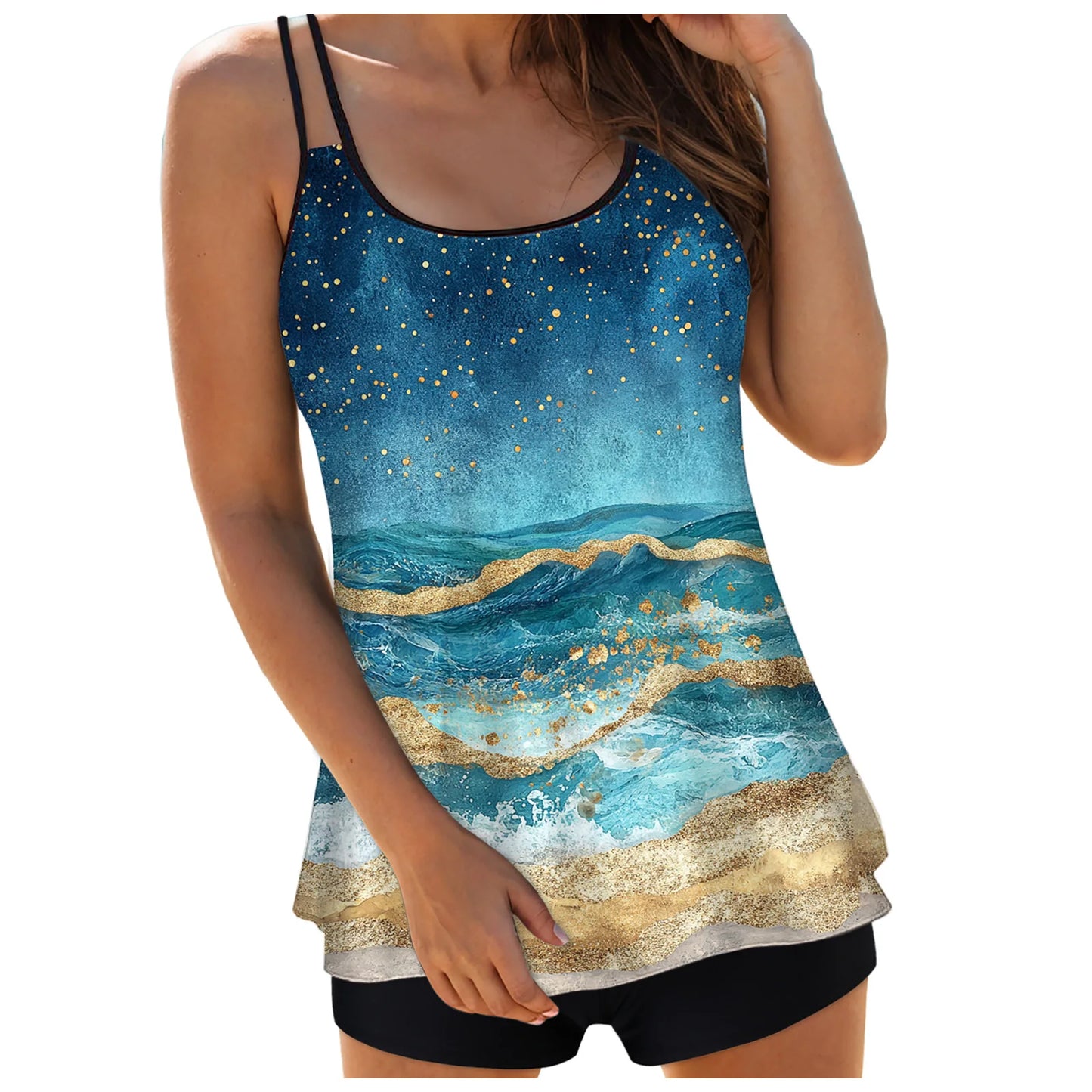 Women's Abstract Print Tankini Swimsuits Double Stretch Strap Crew Neck Cover Tummy Tops and Solid Shorts Conservative Swimwear