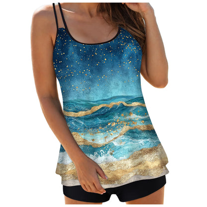 Women's Abstract Print Tankini Swimsuits Double Stretch Strap Crew Neck Cover Tummy Tops and Solid Shorts Conservative Swimwear