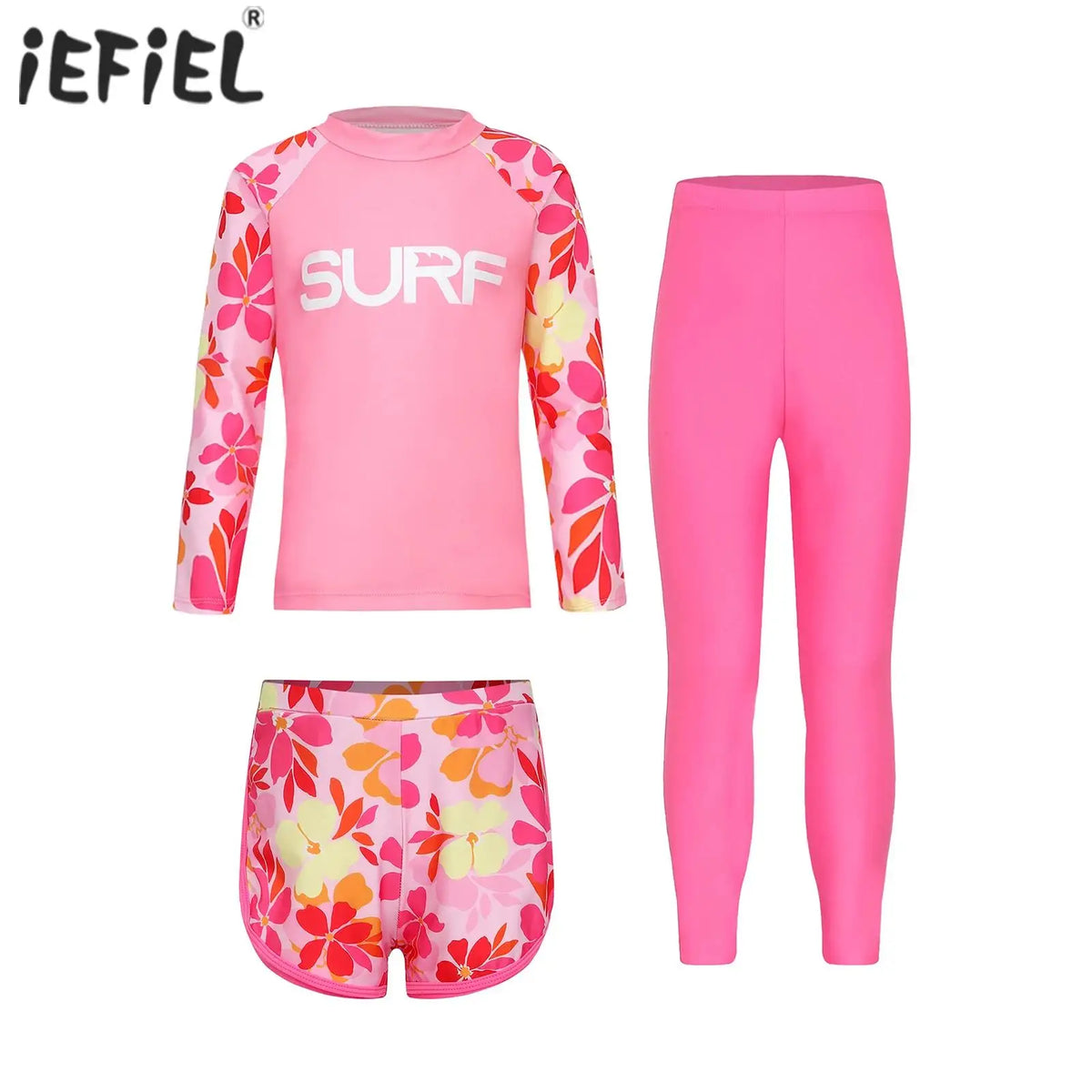 Kids' Three-Piece Long-Sleeve Rash Guard Set with Shorts & Pants