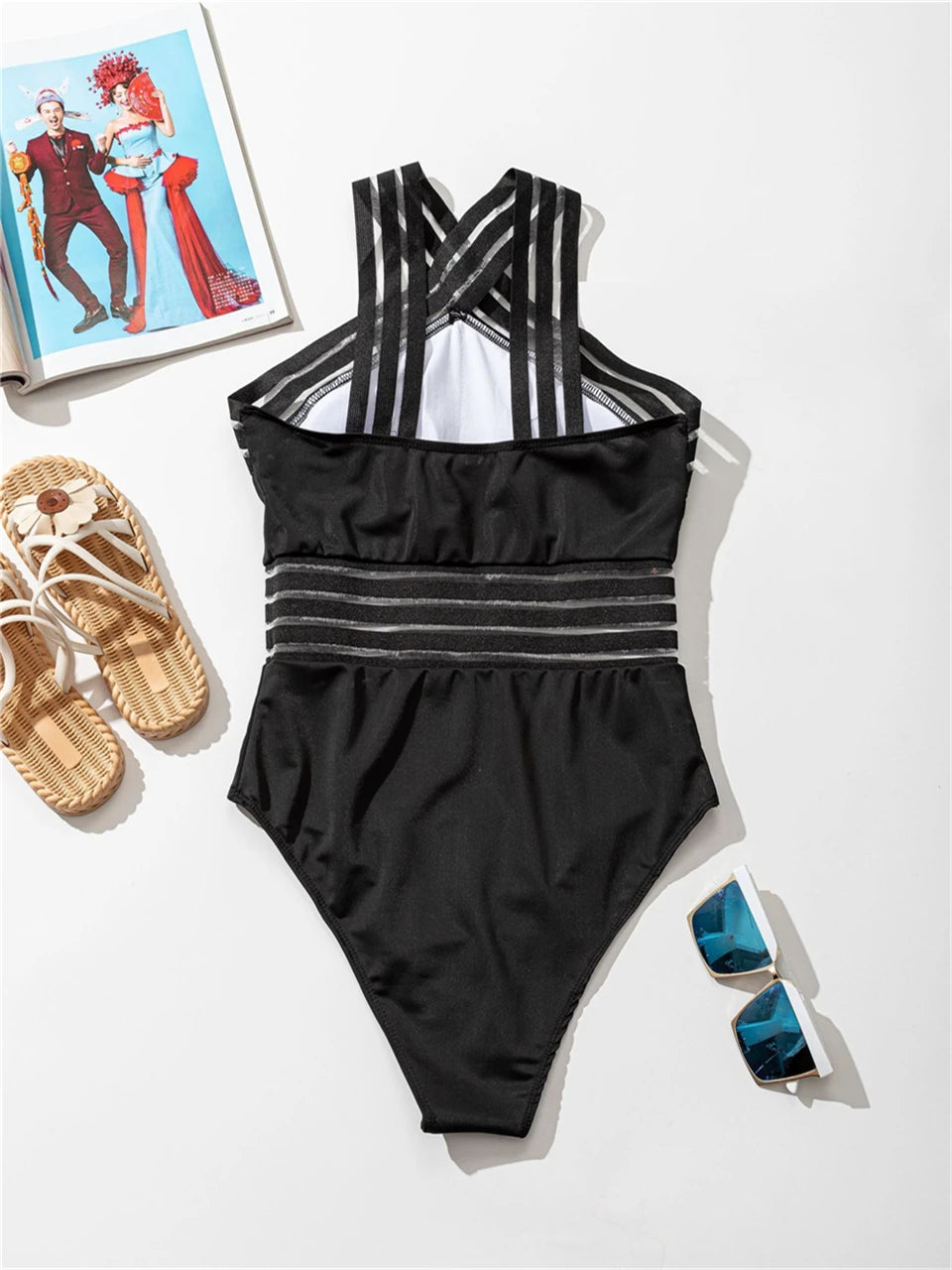 Solid Mesh Tape Swimsuit One Piece High Neck Swimwear Women Cross Front Bathing Suit Female Padded Beachwear Bodysuit