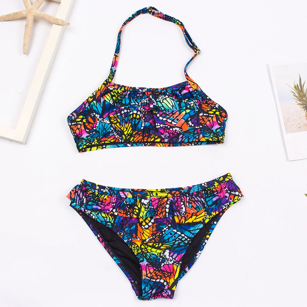 7-14Year Rainbow Print Child Bikini Set 2024 Girls Swimsuit Swimwear For Kids Summer Brazilian Teen Baby Swimming Suit Set 2