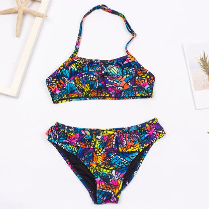 7-14Year Rainbow Print Child Bikini Set 2024 Girls Swimsuit Swimwear For Kids Summer Brazilian Teen Baby Swimming Suit Set 2