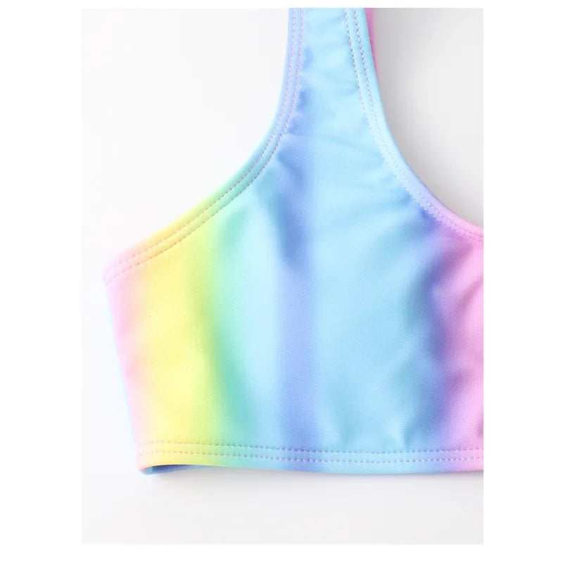Girls 3 piece Rainbow Bikini Sets With Skirts Cover Up Beach Kids Swimsuit 7-12 Years Children's Swimwear Teens 2024 Summer
