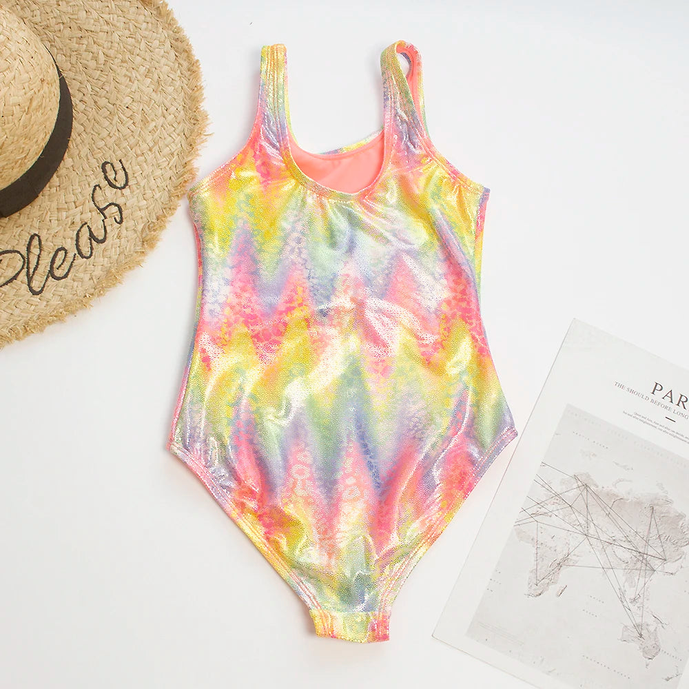 Shinning Print Summer Bow Deco Kids Girls One Piece Swimwear Swimsuit Kid Child Teen Girl Outdoor Beach Swimsuit Monokini