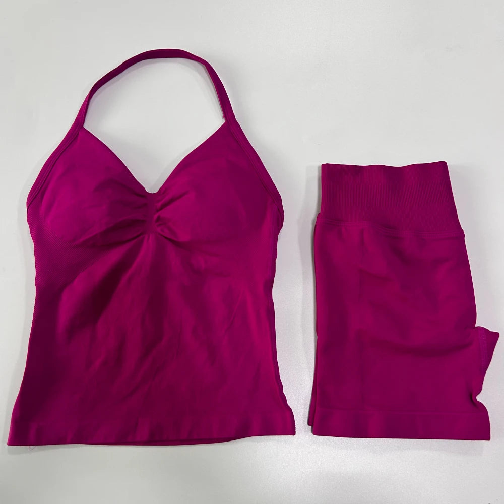 2Pcs Gym Set Women Backless Tank Tops High Waist Scrunch Seamless Shorts Gym Suit Fitness Clothes Activewear Workout Set