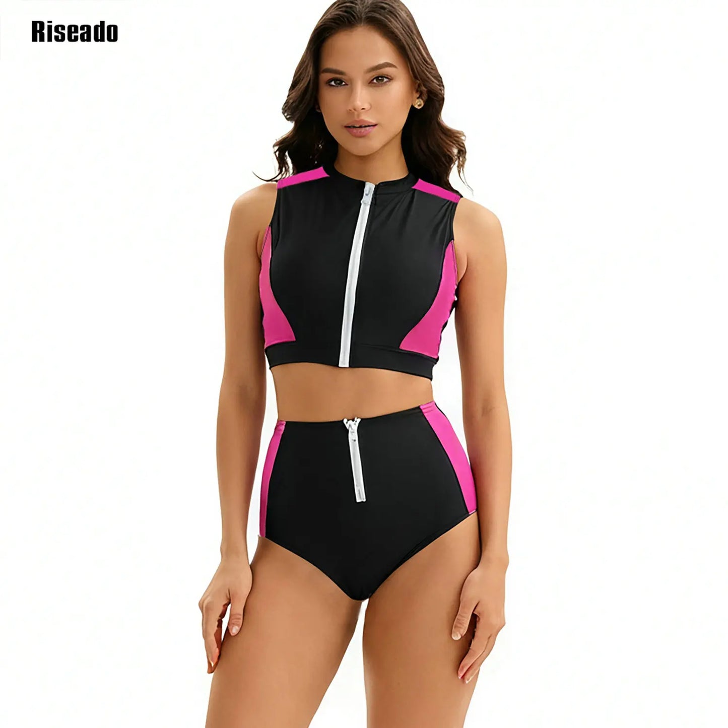 Female Two Pieces Crop Top Bikini Tankini Sets Color Block Zip Front Summer Push Up Swimsuit Bathing Suits High Waist Tankini