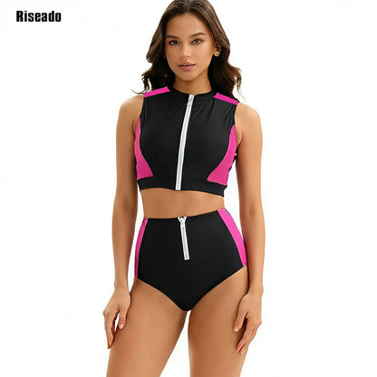 Female Two Pieces Crop Top Bikini Tankini Sets Color Block Zip Front Summer Push Up Swimsuit Bathing Suits High Waist Tankini