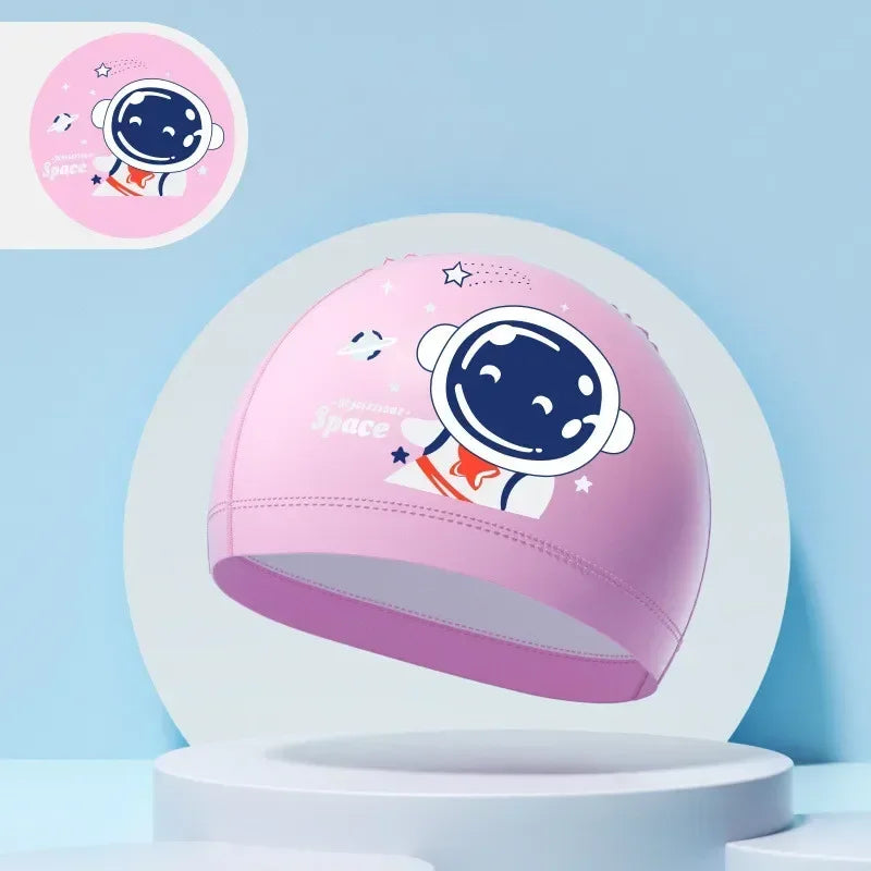 Children's Swimming Caps Boys Girls Kids Cartoon Swim Hat High Elastic Ear Protection PU Waterproof Swimming Cap