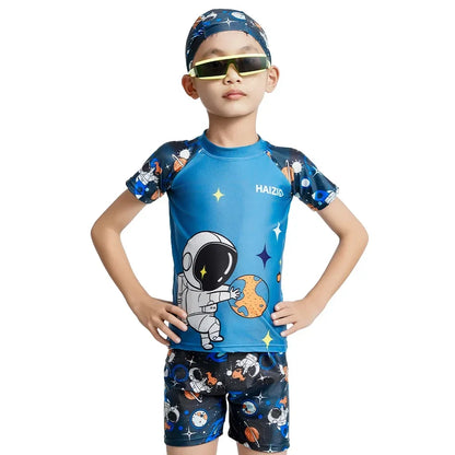 Children's Swimsuit Cartoon Pattern Children's Swimwear Boys Split Design Suitable Swimming Suit Beachwear with Hat