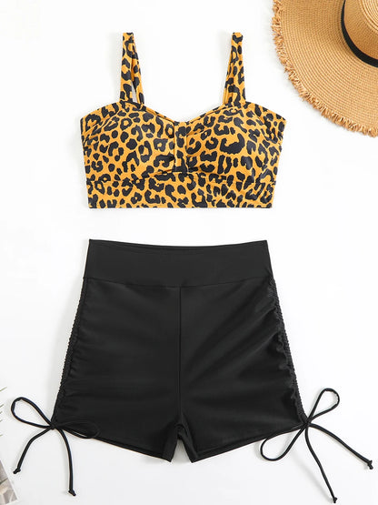 Strappy Two Pieces Drawstring Swimsuit Women Leopard Swimwear Female Bathers Bathing Swimming Suit Padded Beachwear