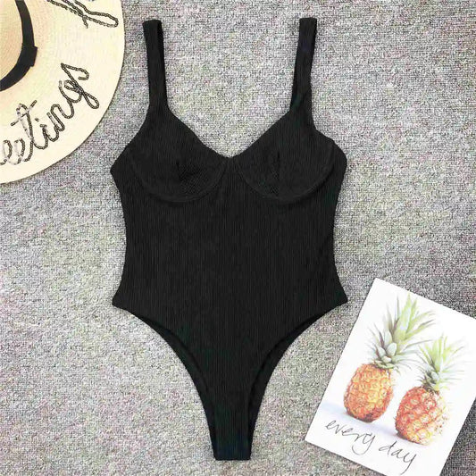 S - XL High Cut Women Swimwear Ribbed Underwired One Piece Swimsuit Female Bather Bathing Suit Swim Lady Bodysuit