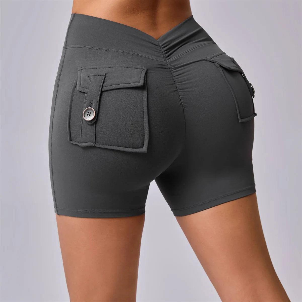 Deep V Back Yoga Shorts Women Pocket Scrunched Butt Gym Leggings High Waist Push Up Tights Booty Sports Shorts Fitness