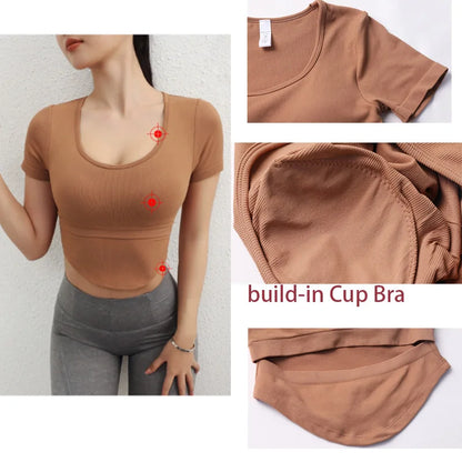 Aiithuug U Neck Yoga Bra Crop Bra Short Sleeve Ribbed Gym Crop Pilates Bras Gym Bra Workout Crops Fitness Top Running Crops