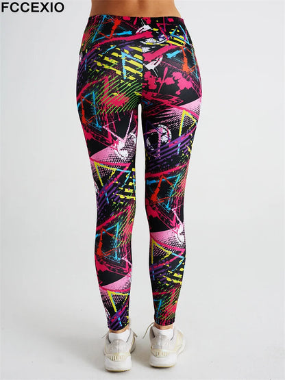 FCCEXIO Rendering Tie Dye Lines Print Women Pants Push Up Running Sports Leggings Slim Pants Casual Fitness Trousers