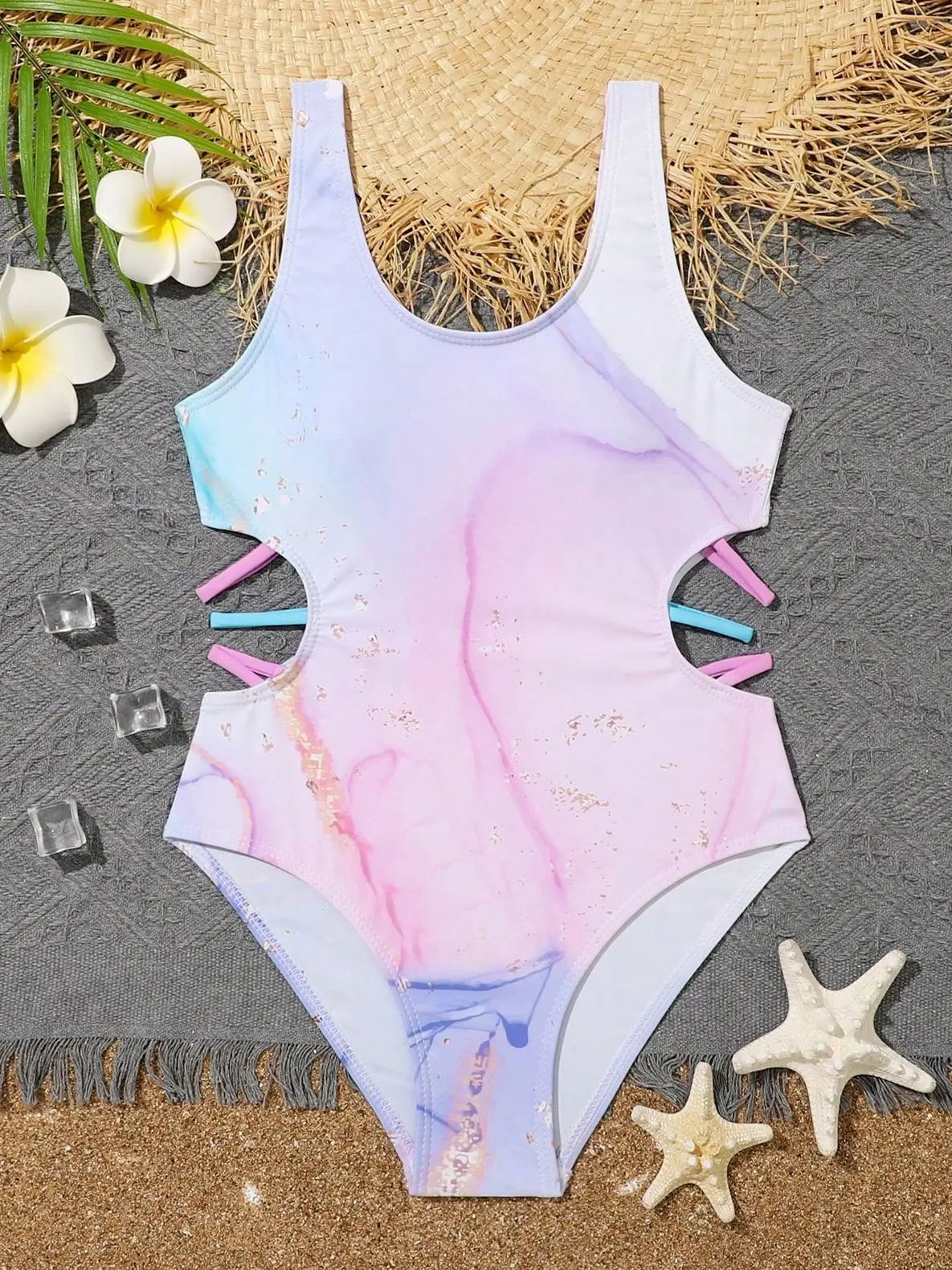 Pink Purple Tie Dye Teenage Girls One Piece Swimsuit 7-12 Year Kids Swim Suit Cut Out Children's Swimwear 2024 Bathing Suits