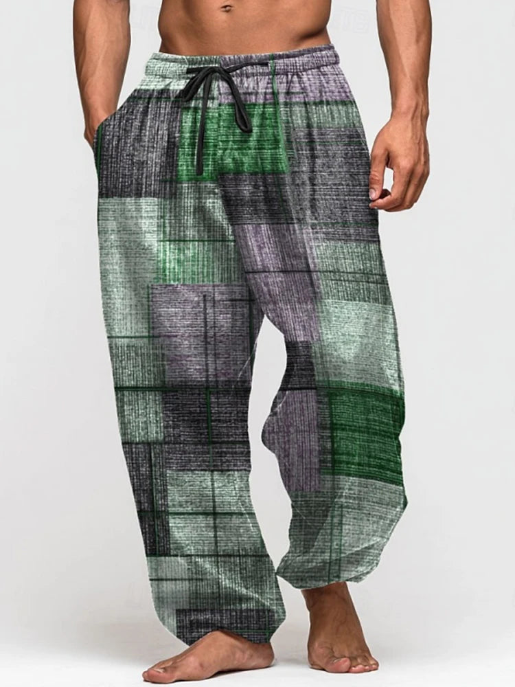 Summer Drawstring Loose-Fit Men's Wide-Leg Pants 3D Retro Patchwork Print Casual Trousers Everyday Wear Long Pants