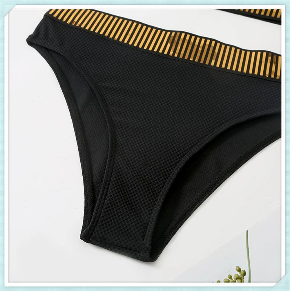 Bandeau High Waist Bikini Women Triangle Swimsuit Stitch Detail Swimwear Padded Bathing Suit Female Solid Beachwear