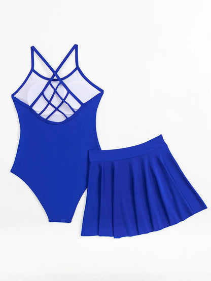Blue Swimsuit Women One Piece With Beach Skirt Solid Swimwear Female Beachwear Bathers Bathing Swimming Swim Suit