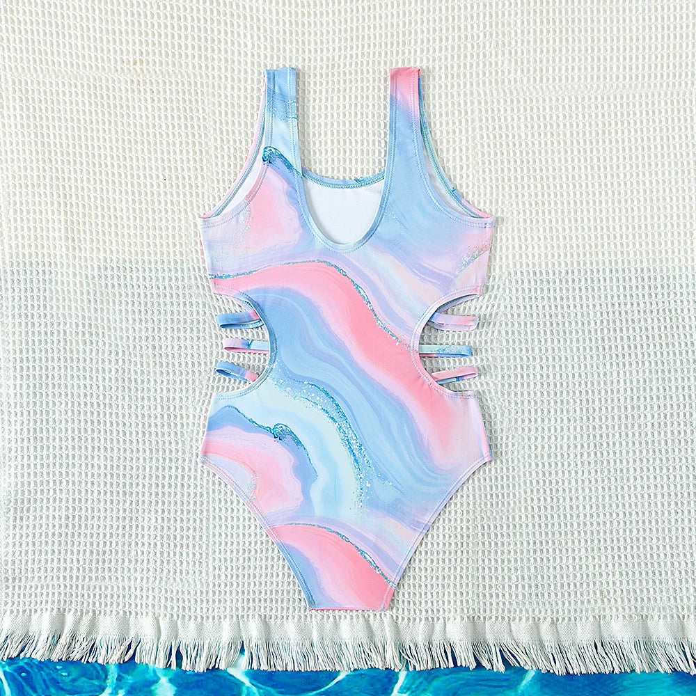 kids Tie-dye Print One-piece Swimsuit for Teen Girls Blue Swimwear Bathing Suits 5-15 Years