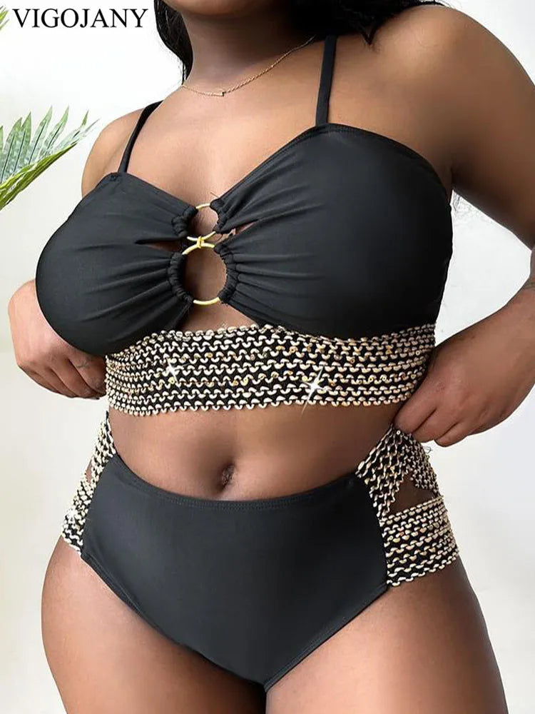 Patchwork Hollow Two Piece Plus Size Bikini Women Strapped High Waist Swimsuit Brazilian Beach Lady Bathing Suit