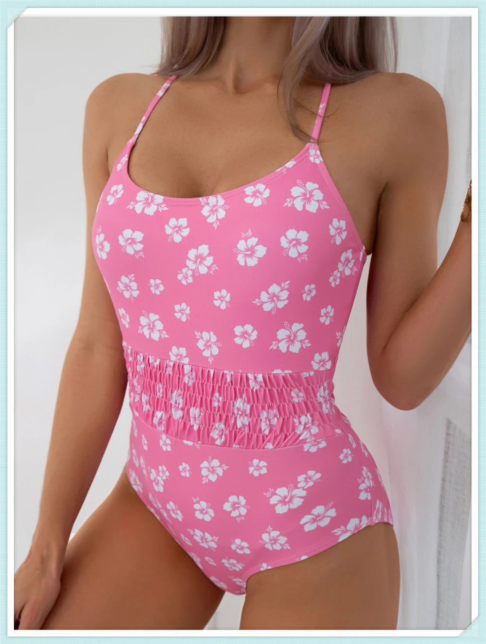 Straped Criss Back One Piece Swimsuit Vintage Swimwear Women Floral Print Bathing Suit Female Front Fold Beachwear Bodysuit