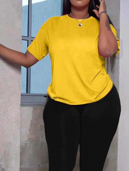 Women T-shirt Capri Leggings Set  Solid Two Piece Set O-Neck Loose Comfortable Short Sleeve Soft Elastic Calf-Length Pants Suit