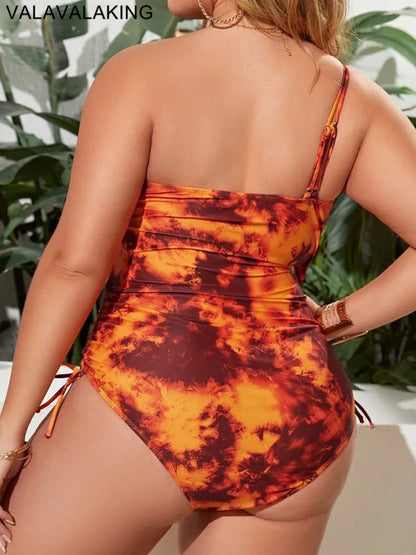 Orange Print One-shoulder Plus Size Swimwear Women Hollow Push Up Large One-Piece Swimsuit Beach Lady Curvy Bathing Suit