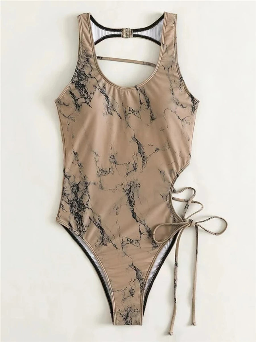 Lace Up Back Swimsuit One Piece Printed Swimwear Women Backless Bathing Swimming Suit Female Padded Beachwear Bodysuit