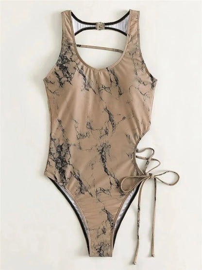 Lace Up Back Swimsuit One Piece Printed Swimwear Women Backless Bathing Swimming Suit Female Padded Beachwear Bodysuit