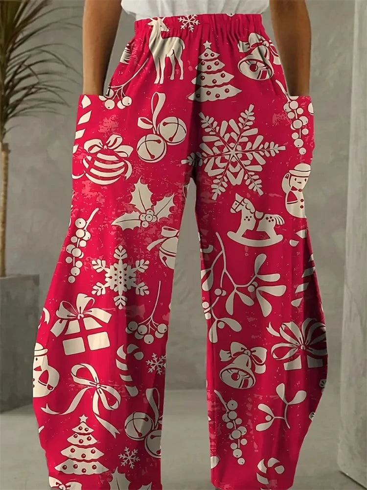 Women's Wide Leg Pants Christmas Tree Printed Trousers Women's Casual Christmas Gifts Elegant And Exquisite Pants