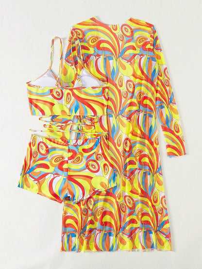 3 Pieces  Print Bikini Women High Waist Swimsuit Cover Up Swimwear Female Lady Bathing Suit Swimming Summer Beachwear