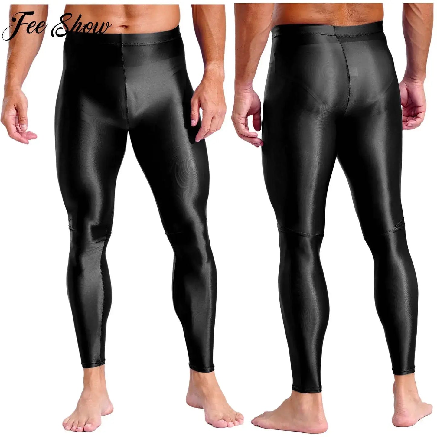Mens Breathable Pure Color Oil Sports Pants Shiny Metallic Stretchy Casual Leggings Gym Running Workout Fitness Pants Trousers