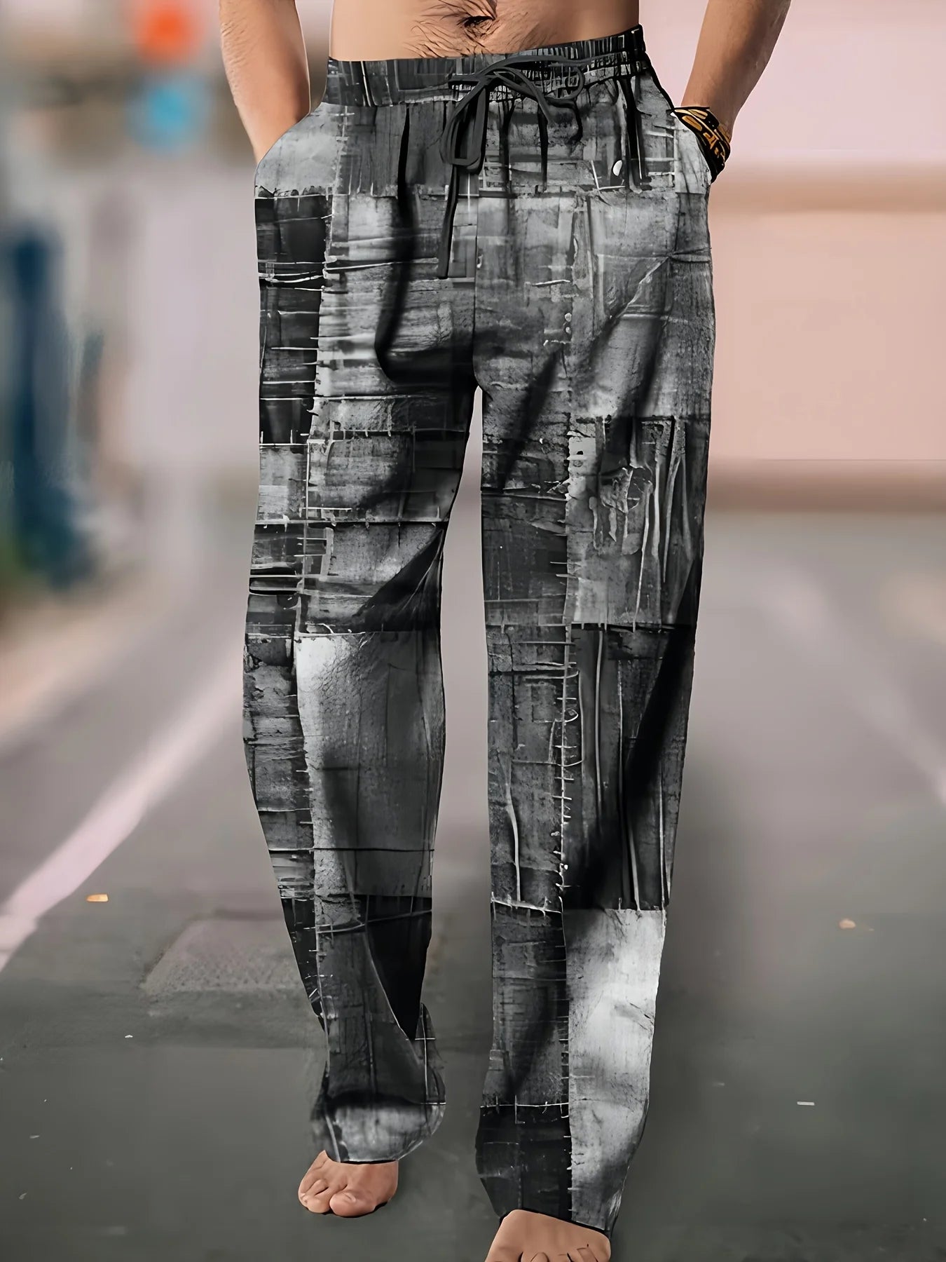 Summer Men's Cotton Linen Casual Pants Retro Ethnic Printing Mid Waist Drawstring Closure Large Size Wide Leg Beach Pants