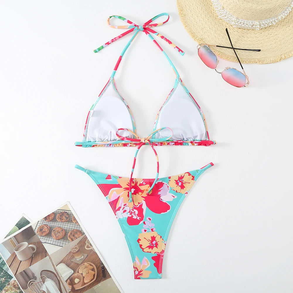 Halter Printed Bikini Women Thong Swimwear Female Triangle Swimsuit Bathers Bathing Swimming Swim Suit Beachwear Summer