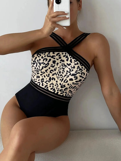 Mesh Tape Swimsuit One Piece Leopard Swimwear Women Cross High Neck Bathing Suit Female Swimming Summer Beachwear