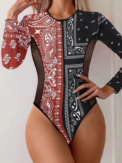 One-Piece Mesh Patchwork Rash Guard Swimsuit for Women, Long Sleeved, Printed Surfing Suit, Beach Swimwear, Summer Bathing Suit