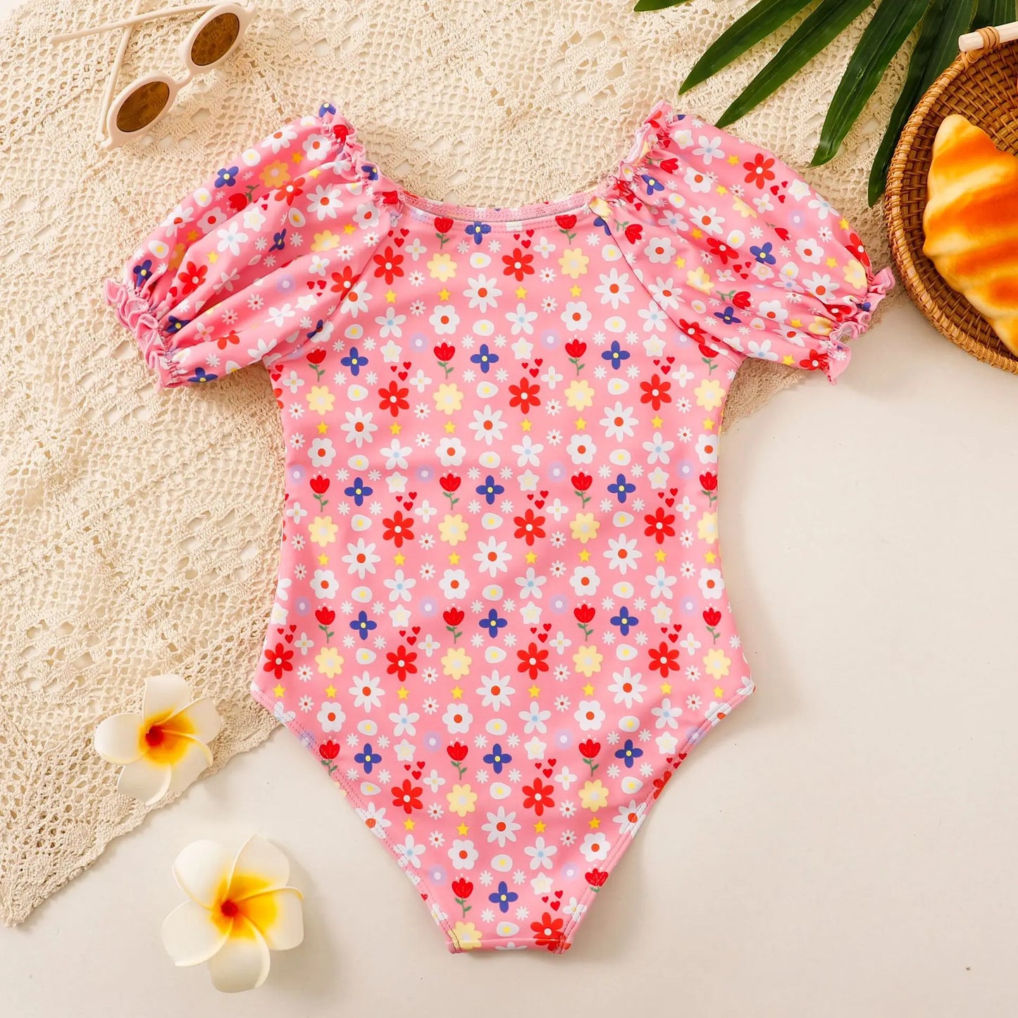 Floral Girls One Piece Swimsuit 7-12 Year Kids Swim Suit Short Sleeve Children's Swimwear Beach Wear Bathing Suits
