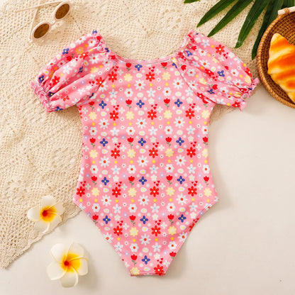 Floral Girls One Piece Swimsuit 7-12 Year Kids Swim Suit Short Sleeve Children's Swimwear Beach Wear Bathing Suits