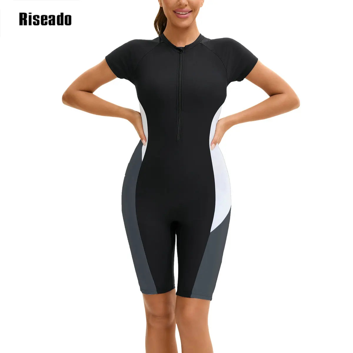 Rash Guard Women's UPF 50+ UV Protection Short Sleeve One-Piece Swimsuit Zip Sun Protection Swimwear Surfing