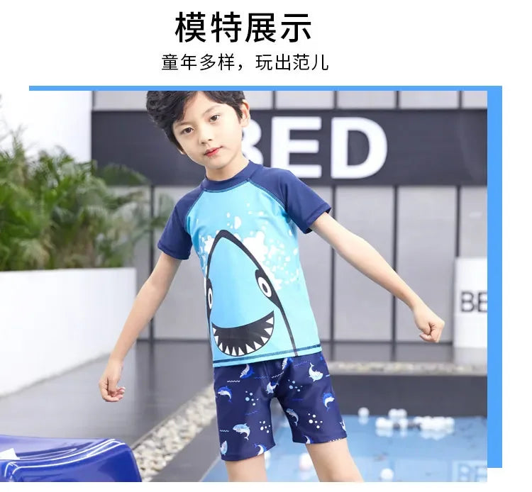 Children's Cartoon Shark Short Sleeve Split Swimwear with Swim Cap, Sun Protection Beach Wear, Baby Boys Swimsuit