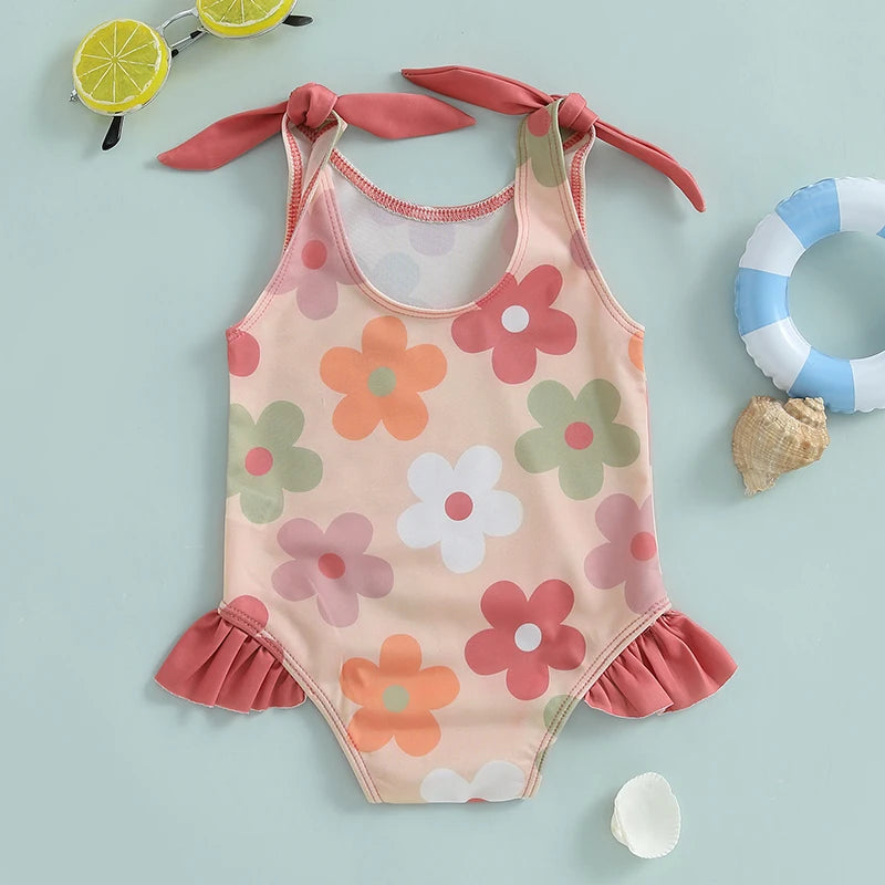 Toddler Infant Baby Girl Sleeveless Swimsuit Floral Print Romper Swimwear U-Neck Bathing Suit Ruffled Beachwear
