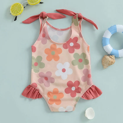 Toddler Infant Baby Girl Sleeveless Swimsuit Floral Print Romper Swimwear U-Neck Bathing Suit Ruffled Beachwear