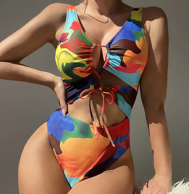 One Piece Swimsuit Women Colorful Monokini Swimwear Bathing Suits Deep V Backless Slimming Bodysuit Swimming Suit
